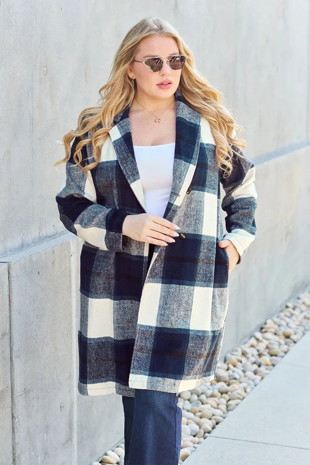 Double Take Full Size Plaid Button Up Lapel Collar Coat Double Take Full Size Plaid Button Up Lapel Collar Coat