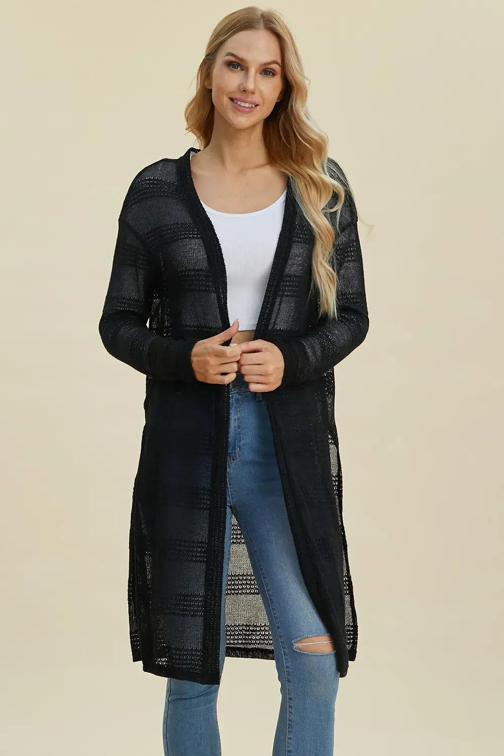 Black / S Double Take Full Size Open Front Longline Cardigan Double Take Full Size Open Front Longline Cardigan 100100430671242 100100430671242