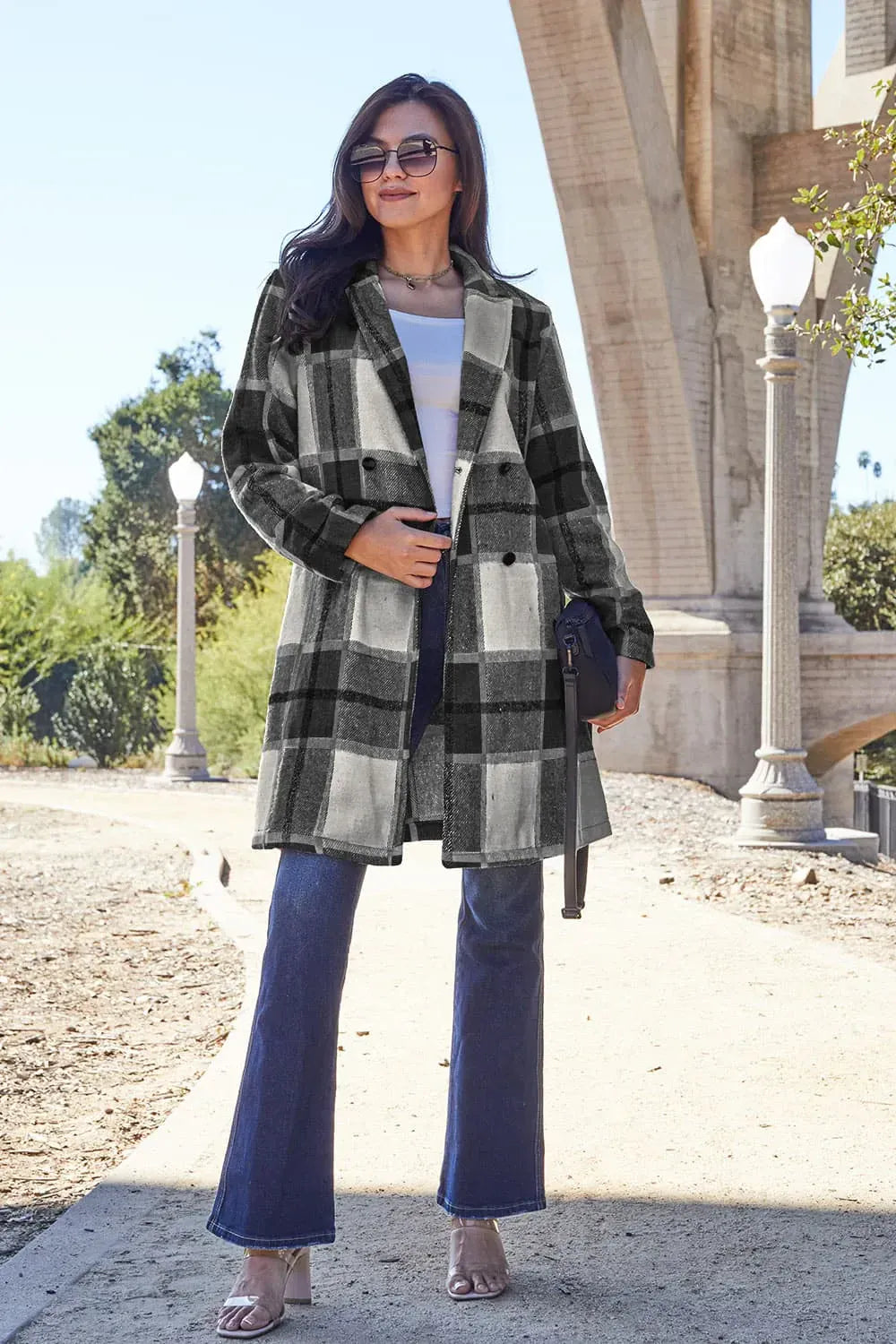 Black / S Double Take Full Size Plaid Button Up Lapel Collar Coat Double Take Full Size Plaid Button Up Lapel Collar Coat 100100513052573 100100513052573