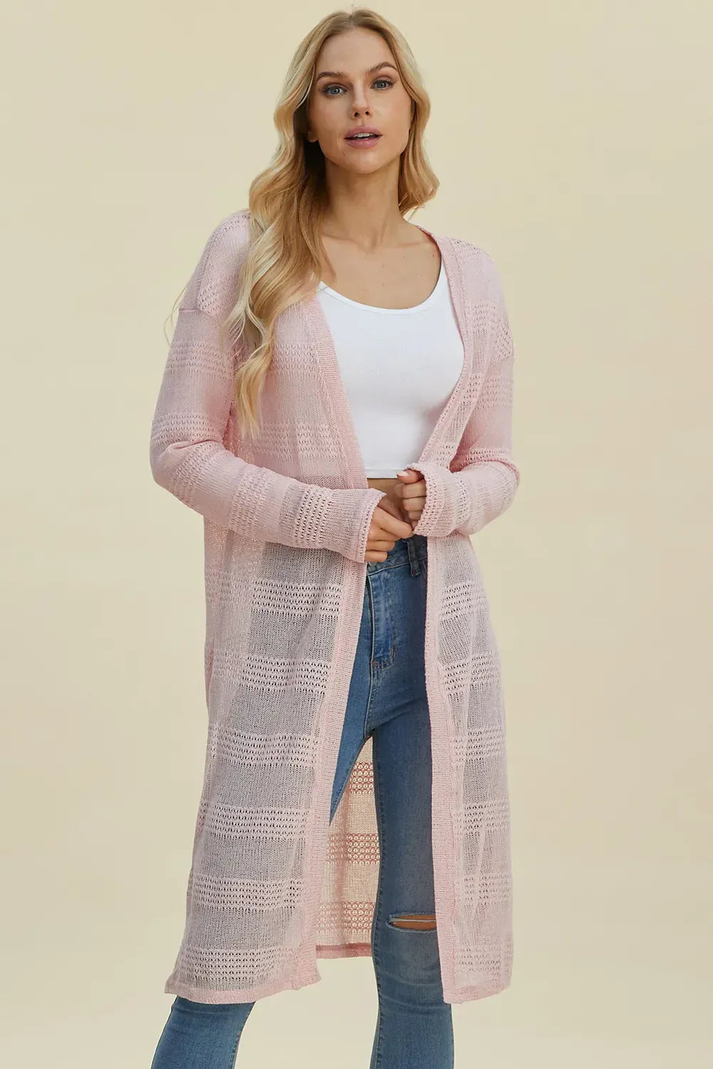 Blush Pink / S Double Take Full Size Open Front Longline Cardigan Double Take Full Size Open Front Longline Cardigan 100100430671900 100100430671900