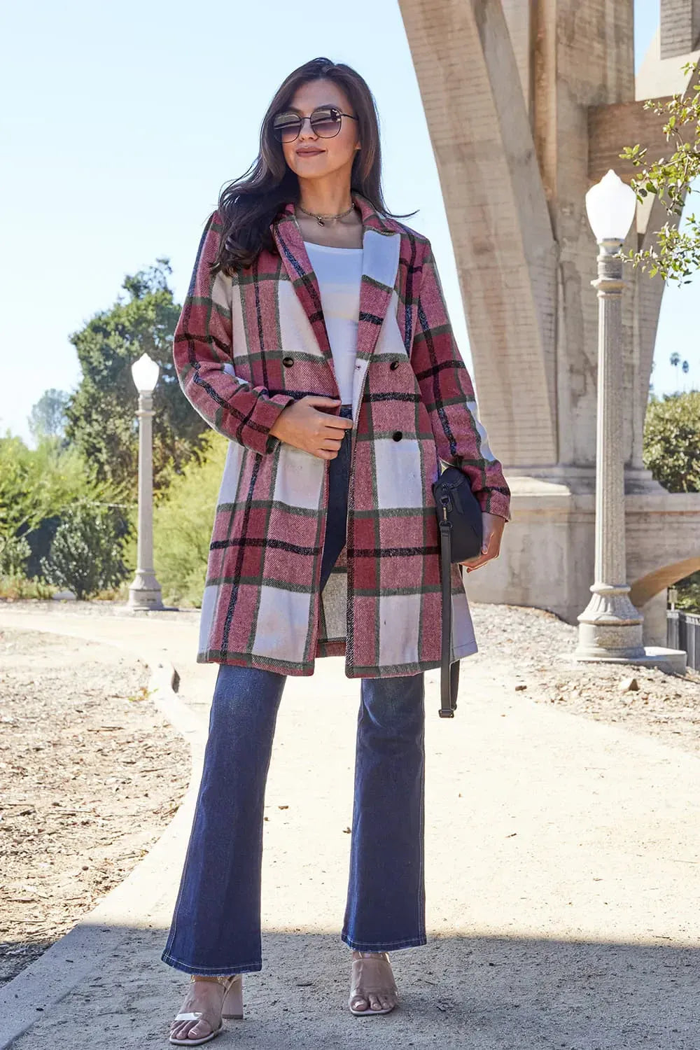 Deep Red / S Double Take Full Size Plaid Button Up Lapel Collar Coat Double Take Full Size Plaid Button Up Lapel Collar Coat 100100513056636 100100513056636