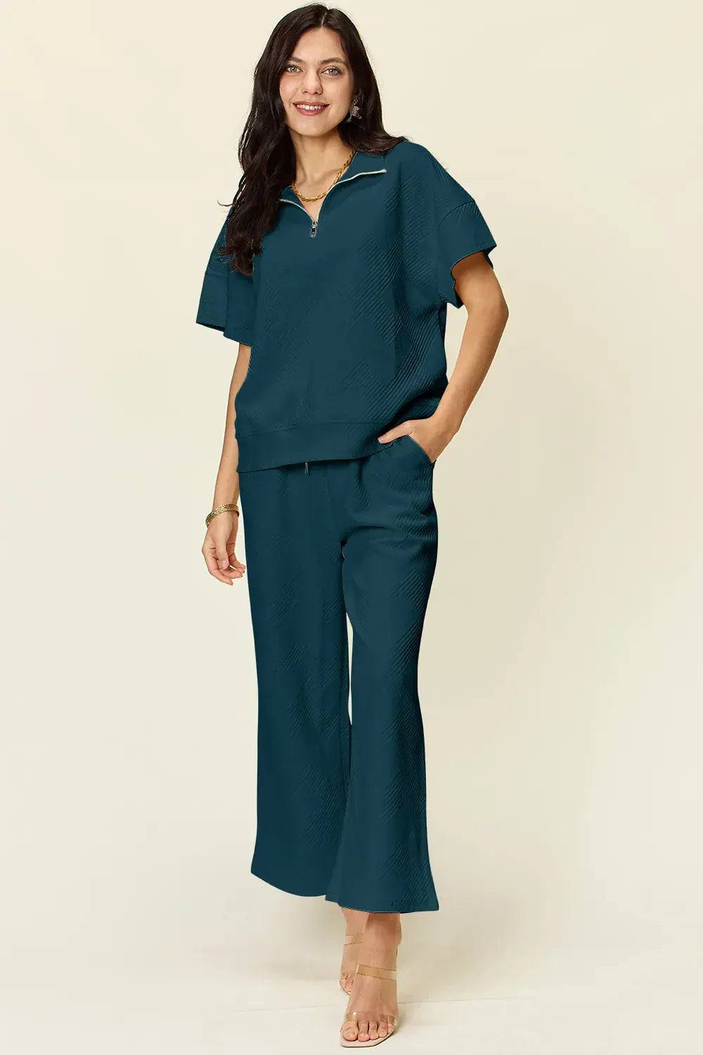 Deep Teal / 2XL Double Take Full Size Texture Half Zip Short Sleeve Top and Pants Set Double Take Full Size Texture Half Zip Short Sleeve Top and Pants Set 100100757602983 100100757602983