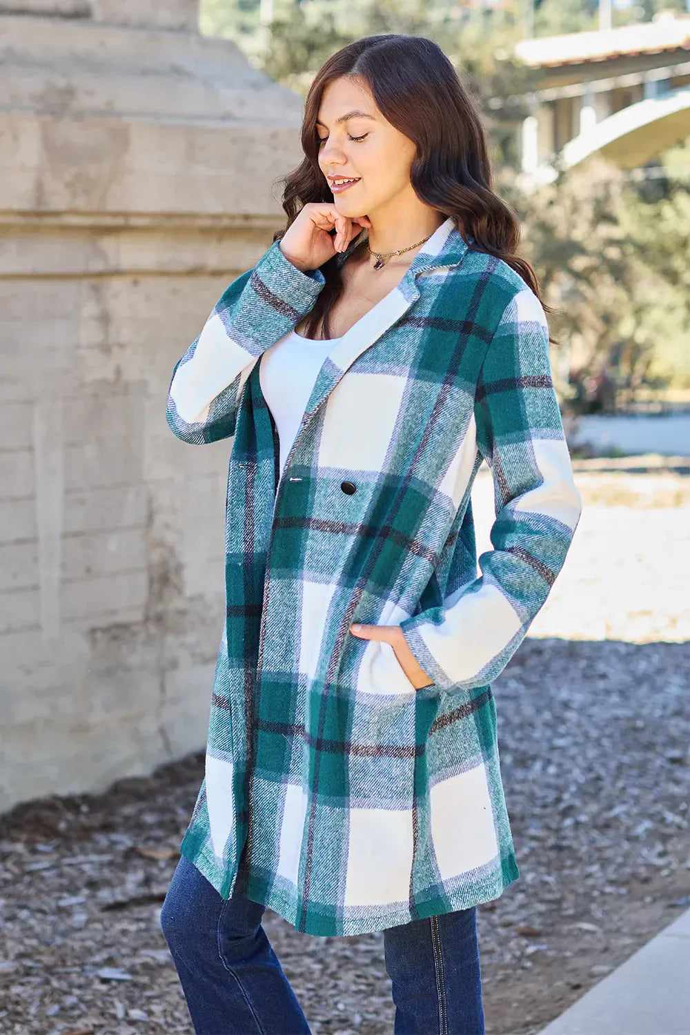 Double Take Full Size Plaid Button Up Lapel Collar Coat Double Take Full Size Plaid Button Up Lapel Collar Coat