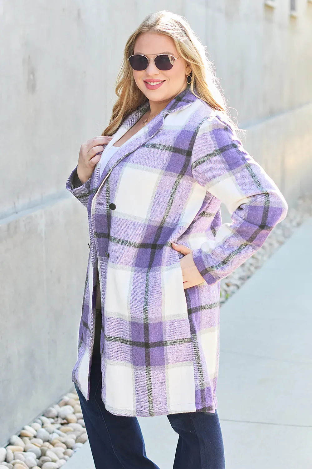 Double Take Full Size Plaid Button Up Lapel Collar Coat Double Take Full Size Plaid Button Up Lapel Collar Coat
