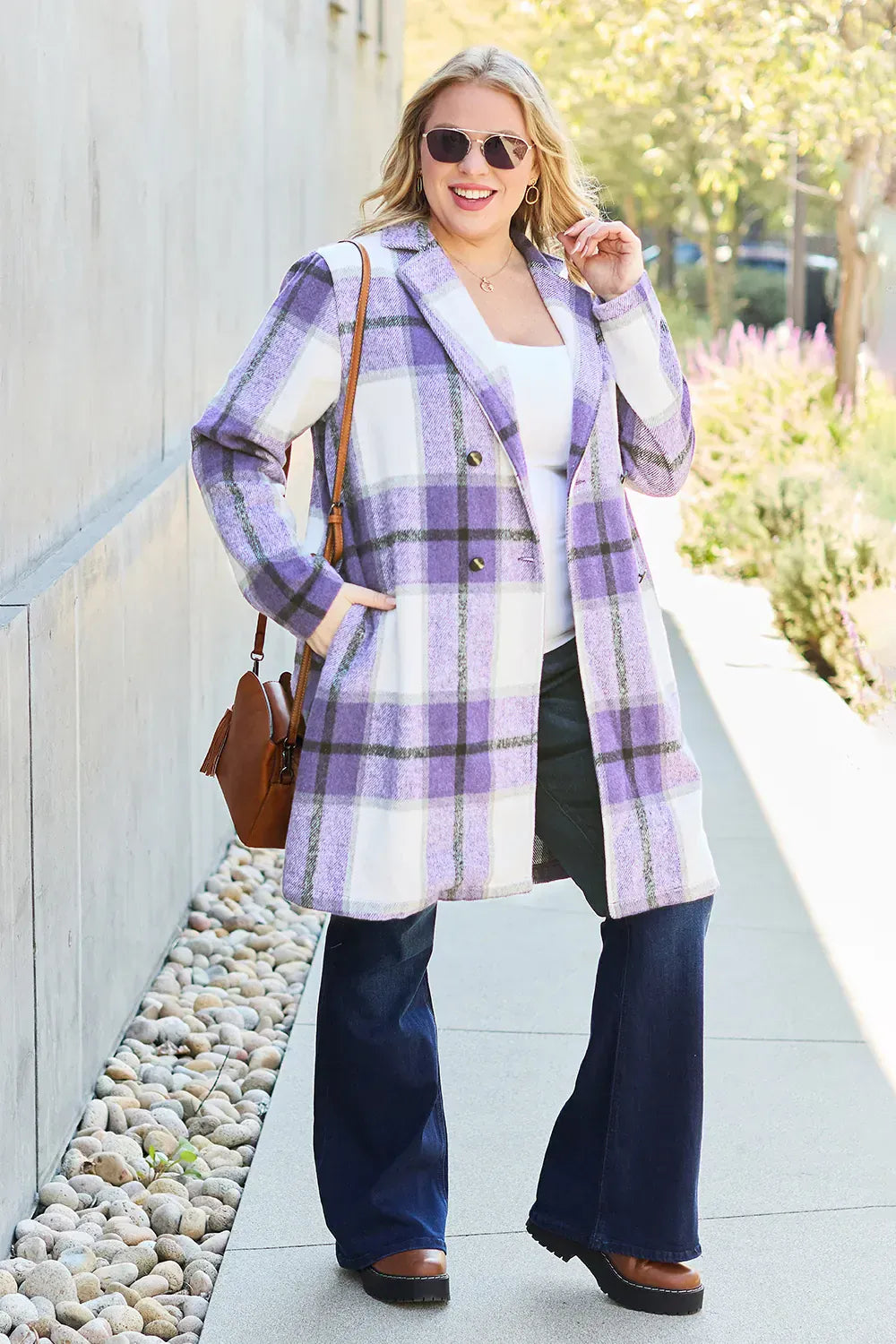 Double Take Full Size Plaid Button Up Lapel Collar Coat Double Take Full Size Plaid Button Up Lapel Collar Coat