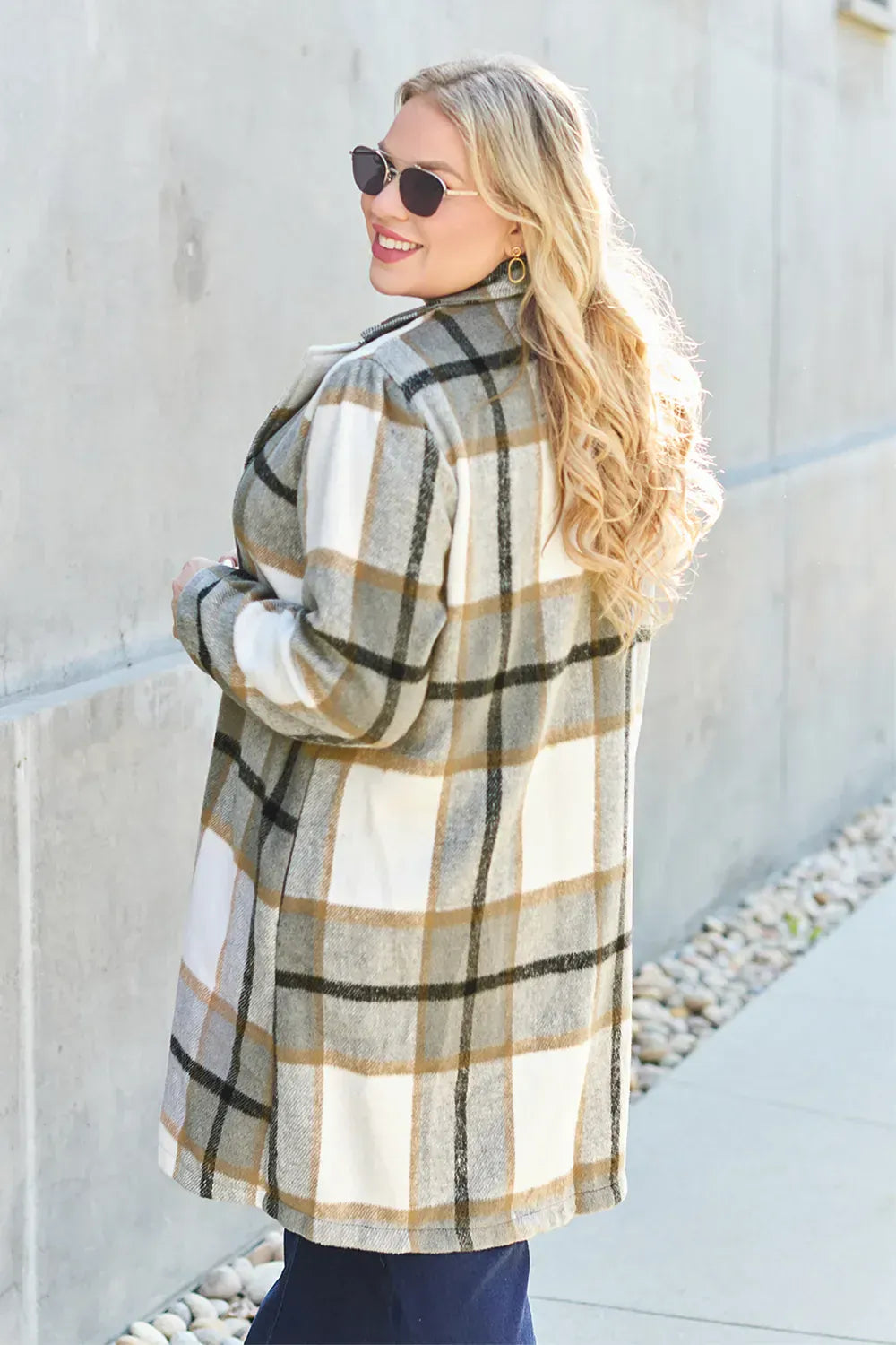 Double Take Full Size Plaid Button Up Lapel Collar Coat Double Take Full Size Plaid Button Up Lapel Collar Coat