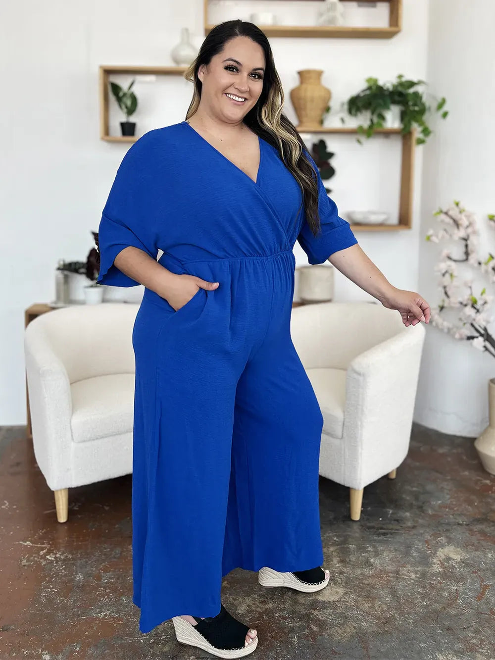 Double Take Full Size Surplice Wide Leg Jumpsuit with Pockets Double Take Full Size Surplice Wide Leg Jumpsuit with Pockets
