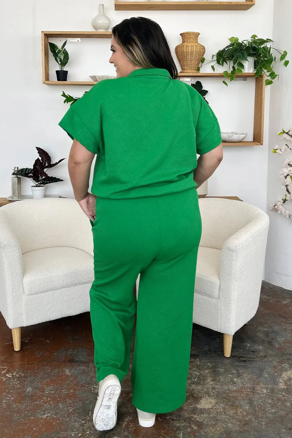 Double Take Full Size Texture Half Zip Short Sleeve Top and Pants Set Double Take Full Size Texture Half Zip Short Sleeve Top and Pants Set