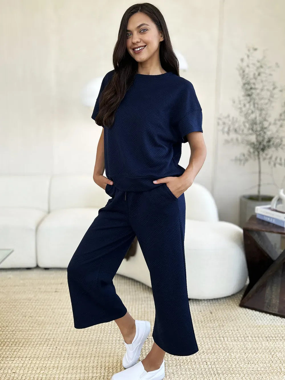 Fashion Double Take Full Size Texture Short Sleeve Top and Pants Set Double Take Full Size Texture Short Sleeve Top and Pants Set