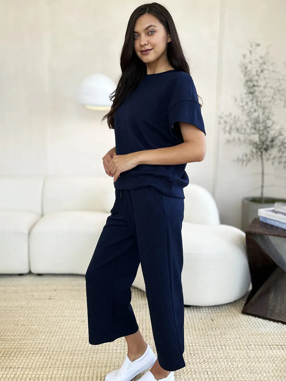Fashion Double Take Full Size Texture Short Sleeve Top and Pants Set Double Take Full Size Texture Short Sleeve Top and Pants Set