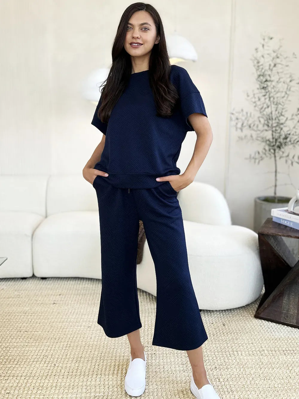 Fashion Double Take Full Size Texture Short Sleeve Top and Pants Set Double Take Full Size Texture Short Sleeve Top and Pants Set
