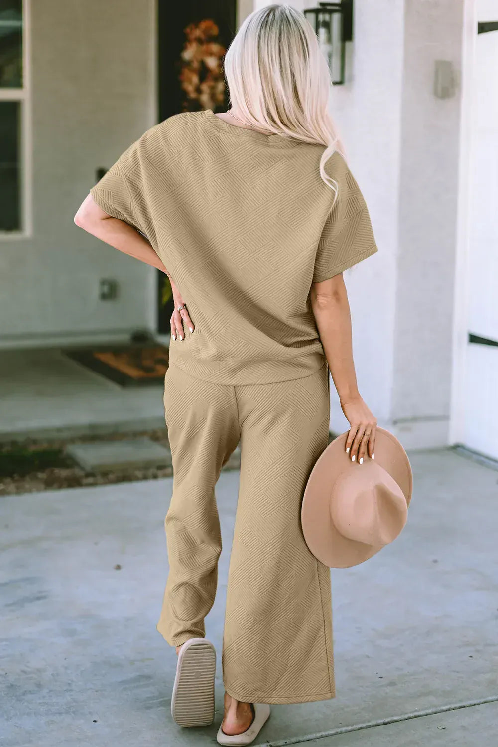 Fashion Double Take Full Size Texture Short Sleeve Top and Pants Set Double Take Full Size Texture Short Sleeve Top and Pants Set