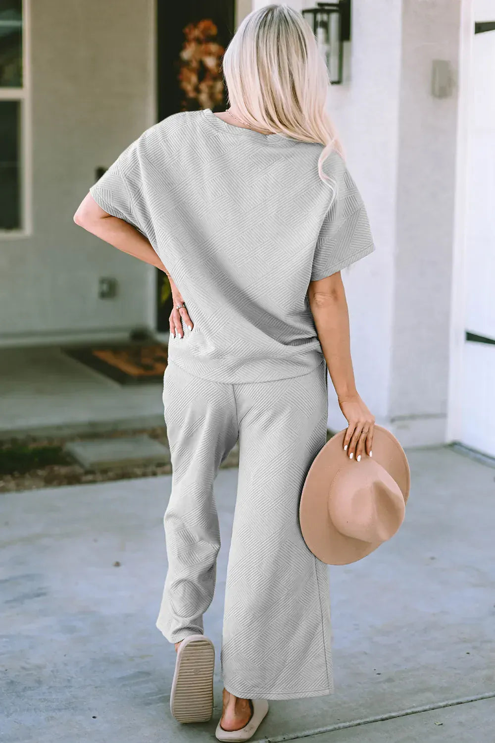 Fashion Double Take Full Size Texture Short Sleeve Top and Pants Set Double Take Full Size Texture Short Sleeve Top and Pants Set