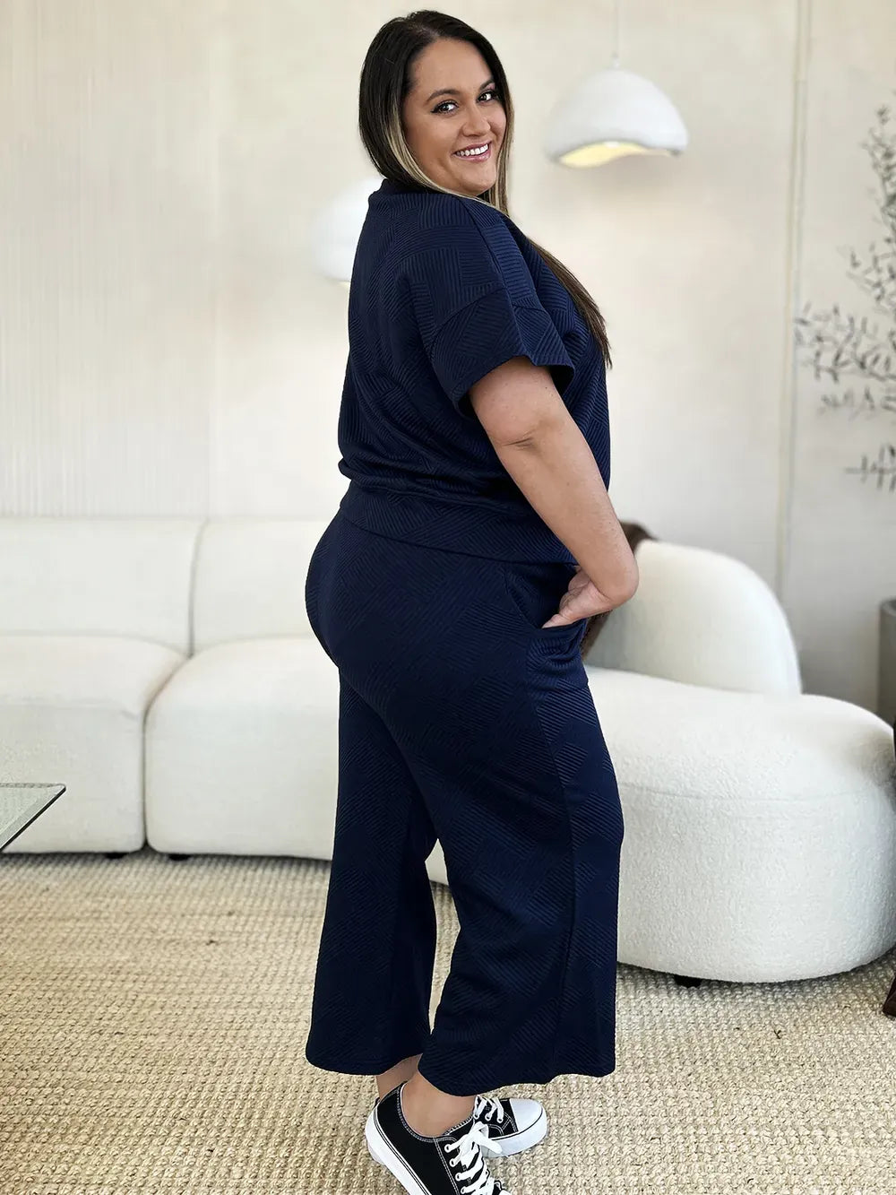 Fashion Double Take Full Size Texture Short Sleeve Top and Pants Set Double Take Full Size Texture Short Sleeve Top and Pants Set