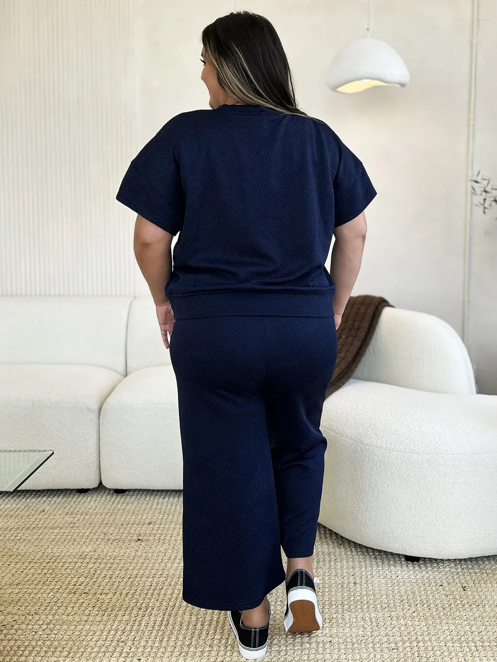 Fashion Double Take Full Size Texture Short Sleeve Top and Pants Set Double Take Full Size Texture Short Sleeve Top and Pants Set