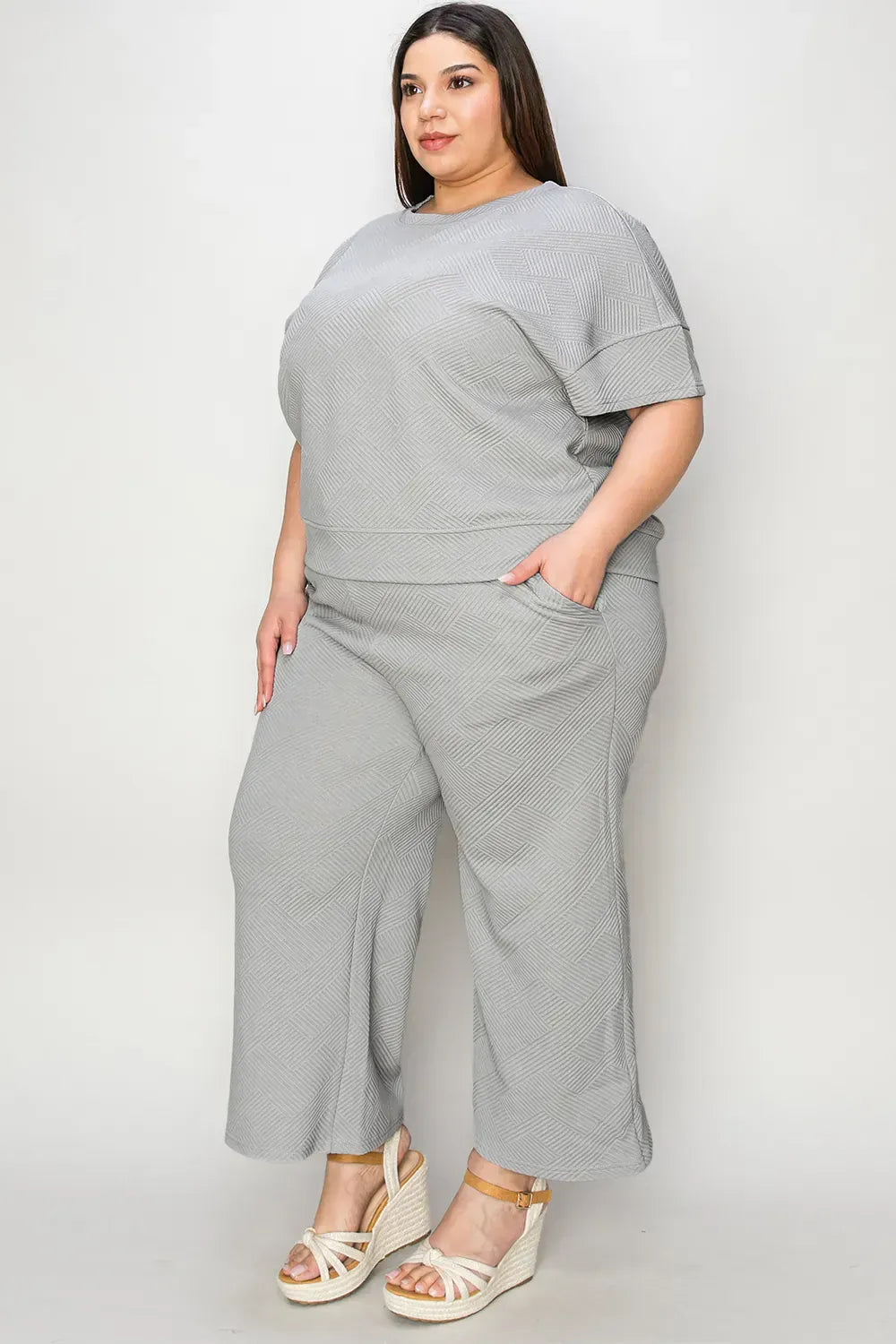 Fashion Double Take Full Size Texture Short Sleeve Top and Pants Set Double Take Full Size Texture Short Sleeve Top and Pants Set