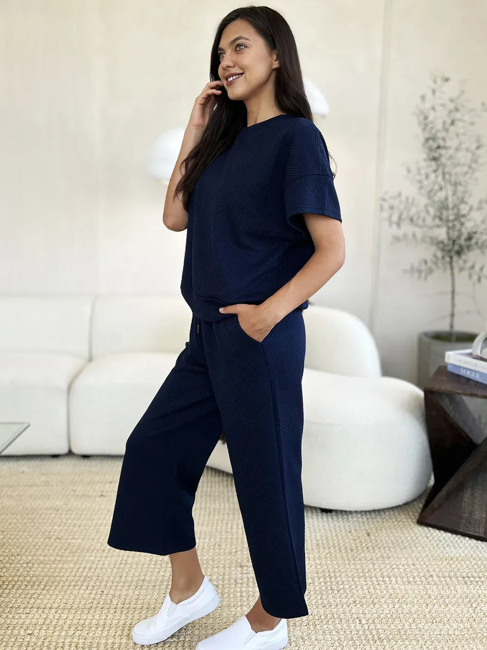 Fashion Double Take Full Size Texture Short Sleeve Top and Pants Set Double Take Full Size Texture Short Sleeve Top and Pants Set