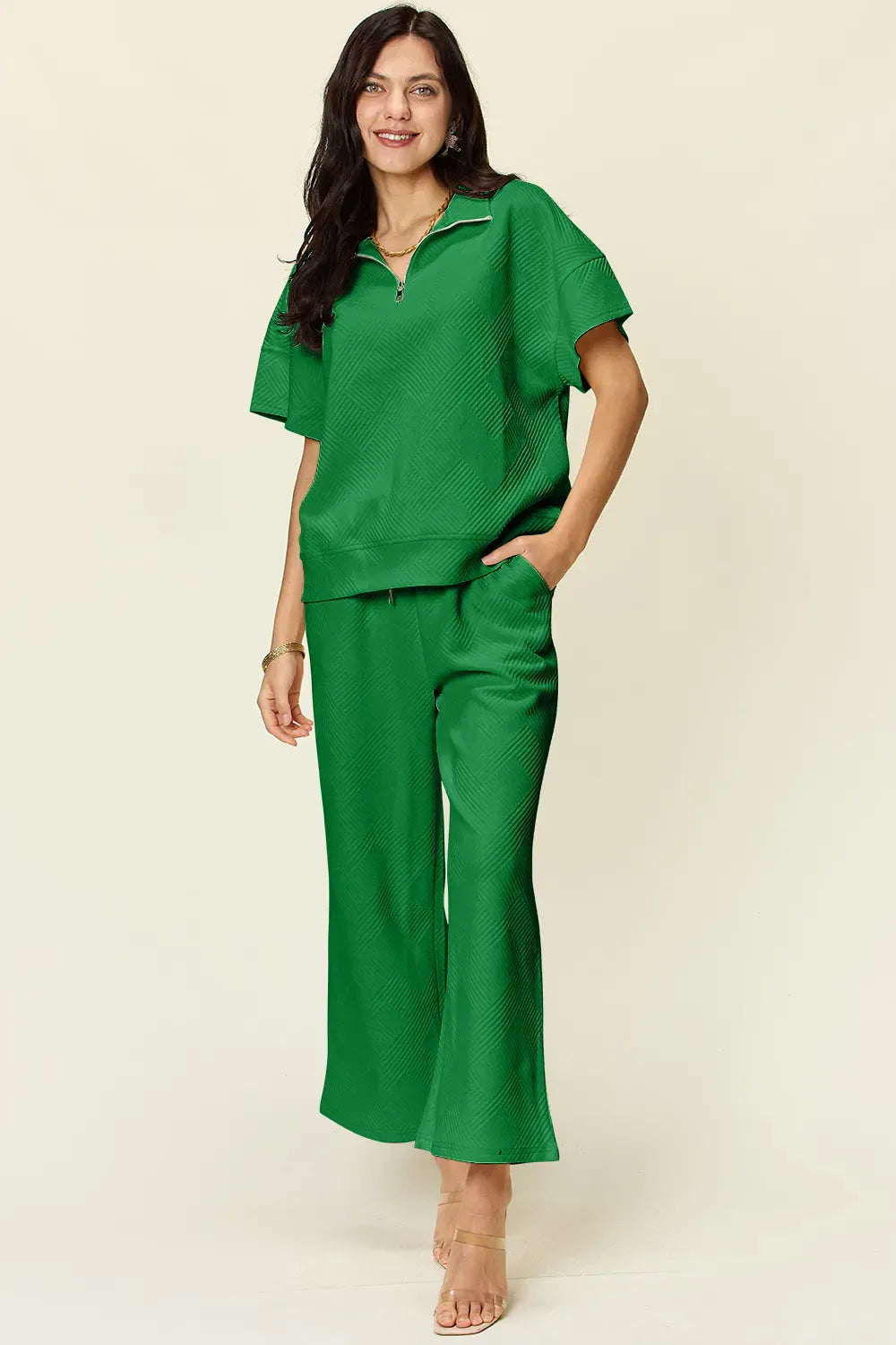 Green / 3XL Double Take Full Size Texture Half Zip Short Sleeve Top and Pants Set Double Take Full Size Texture Half Zip Short Sleeve Top and Pants Set 100100757601244 100100757601244