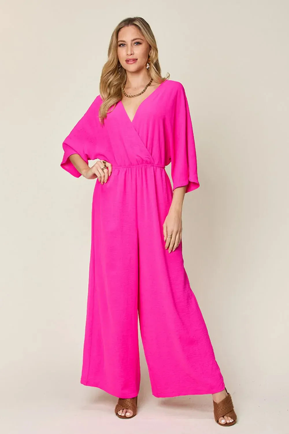 Hot Pink / M Double Take Full Size Surplice Wide Leg Jumpsuit with Pockets Double Take Full Size Surplice Wide Leg Jumpsuit with Pockets 100100969192029 100100969192029