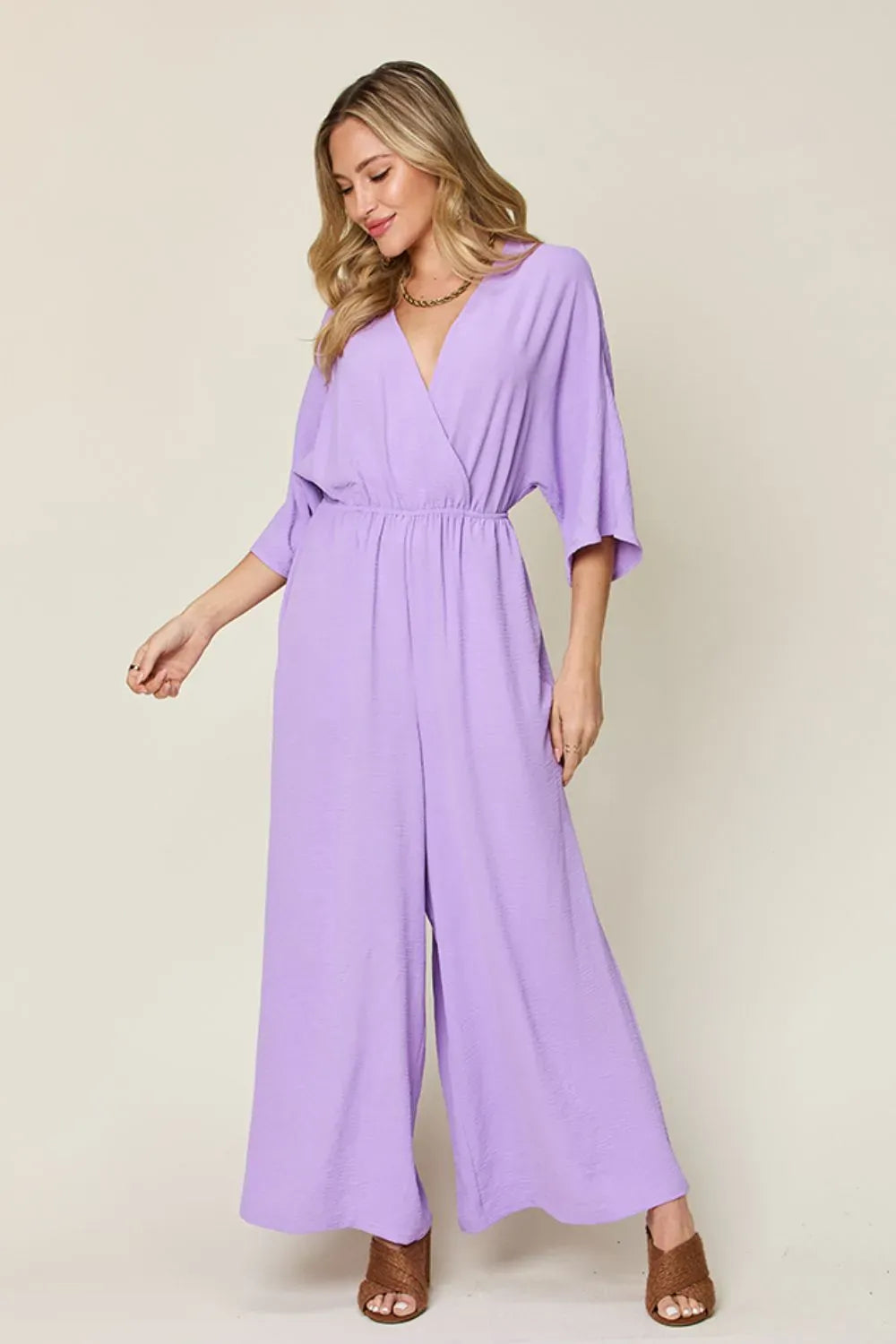 Lavender / S Double Take Full Size Surplice Wide Leg Jumpsuit with Pockets Double Take Full Size Surplice Wide Leg Jumpsuit with Pockets 100100969191385 100100969191385