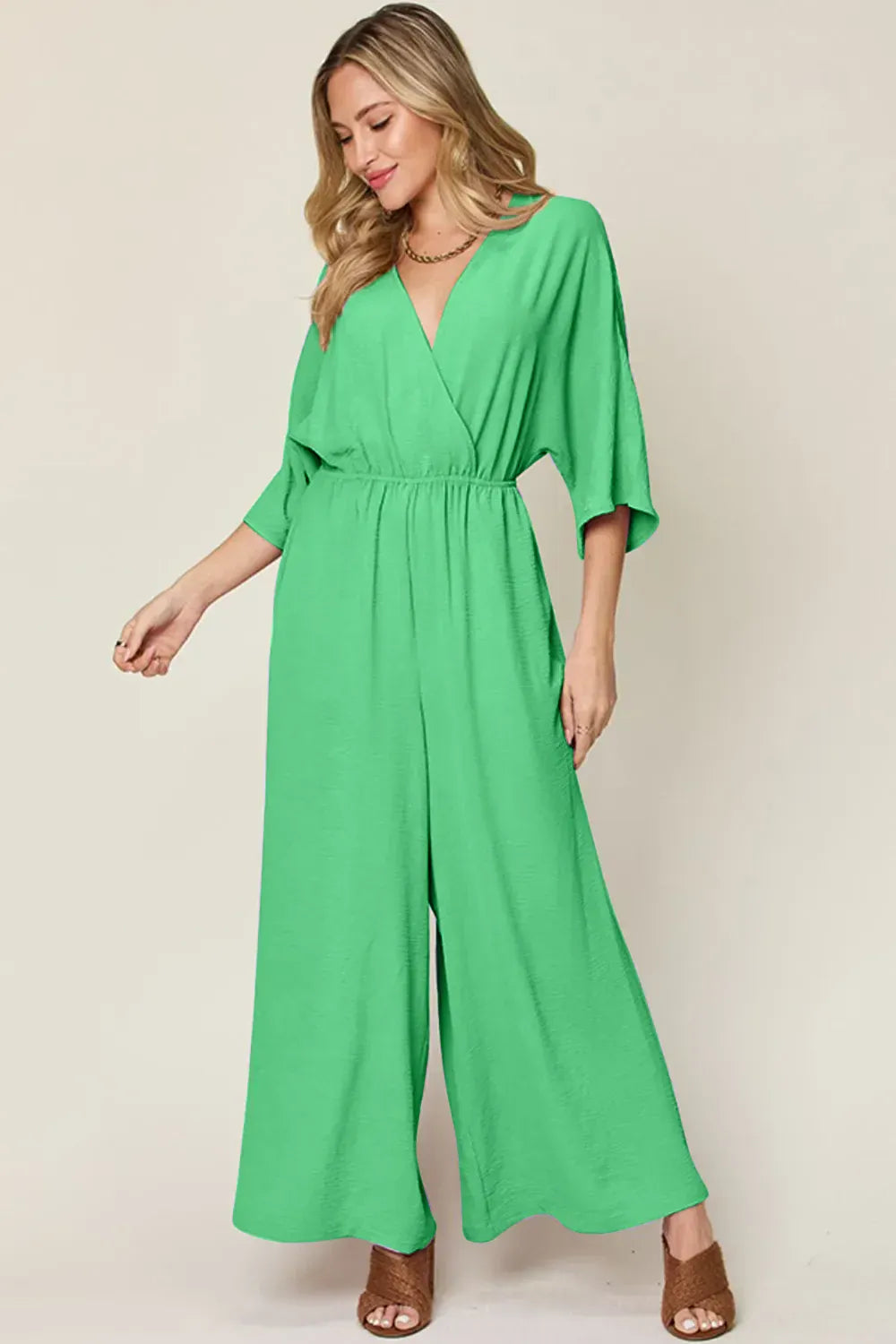 Mid Green / S Double Take Full Size Surplice Wide Leg Jumpsuit with Pockets Double Take Full Size Surplice Wide Leg Jumpsuit with Pockets 100100969191162 100100969191162
