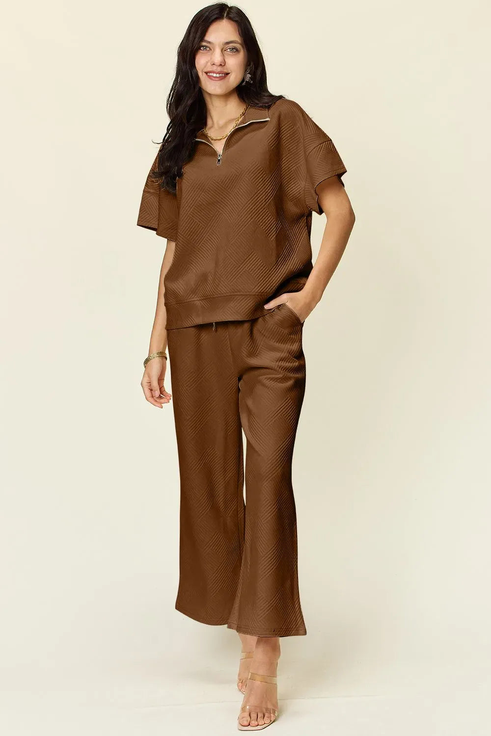 Mocha / 3XL Double Take Full Size Texture Half Zip Short Sleeve Top and Pants Set Double Take Full Size Texture Half Zip Short Sleeve Top and Pants Set 100100757603603 100100757603603
