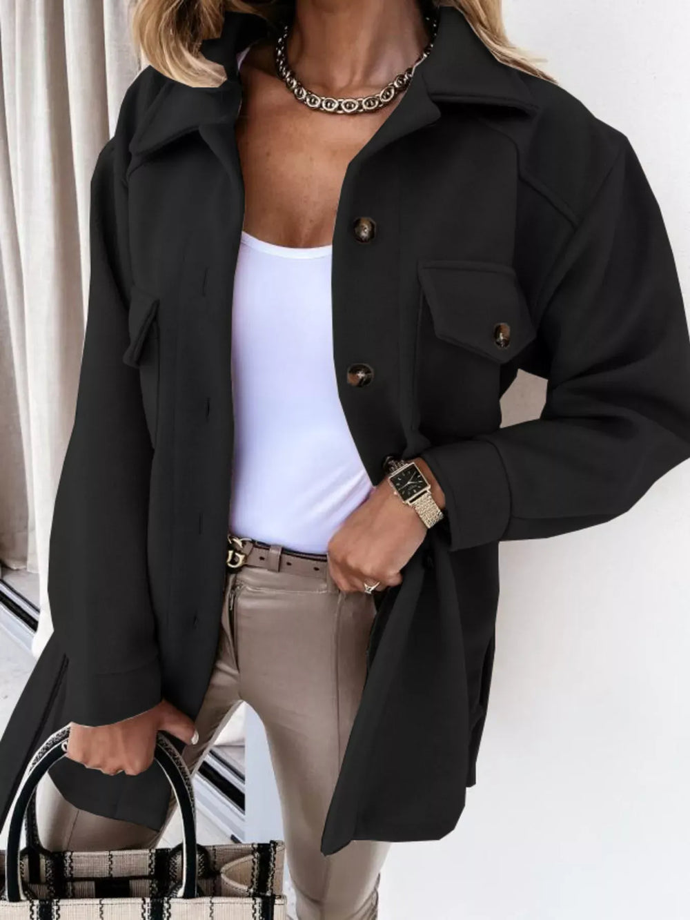 Outerwear Black / S Button-Down Tie Waist Coat Button-Down Tie Waist Coat 100100614059882 100100614059882