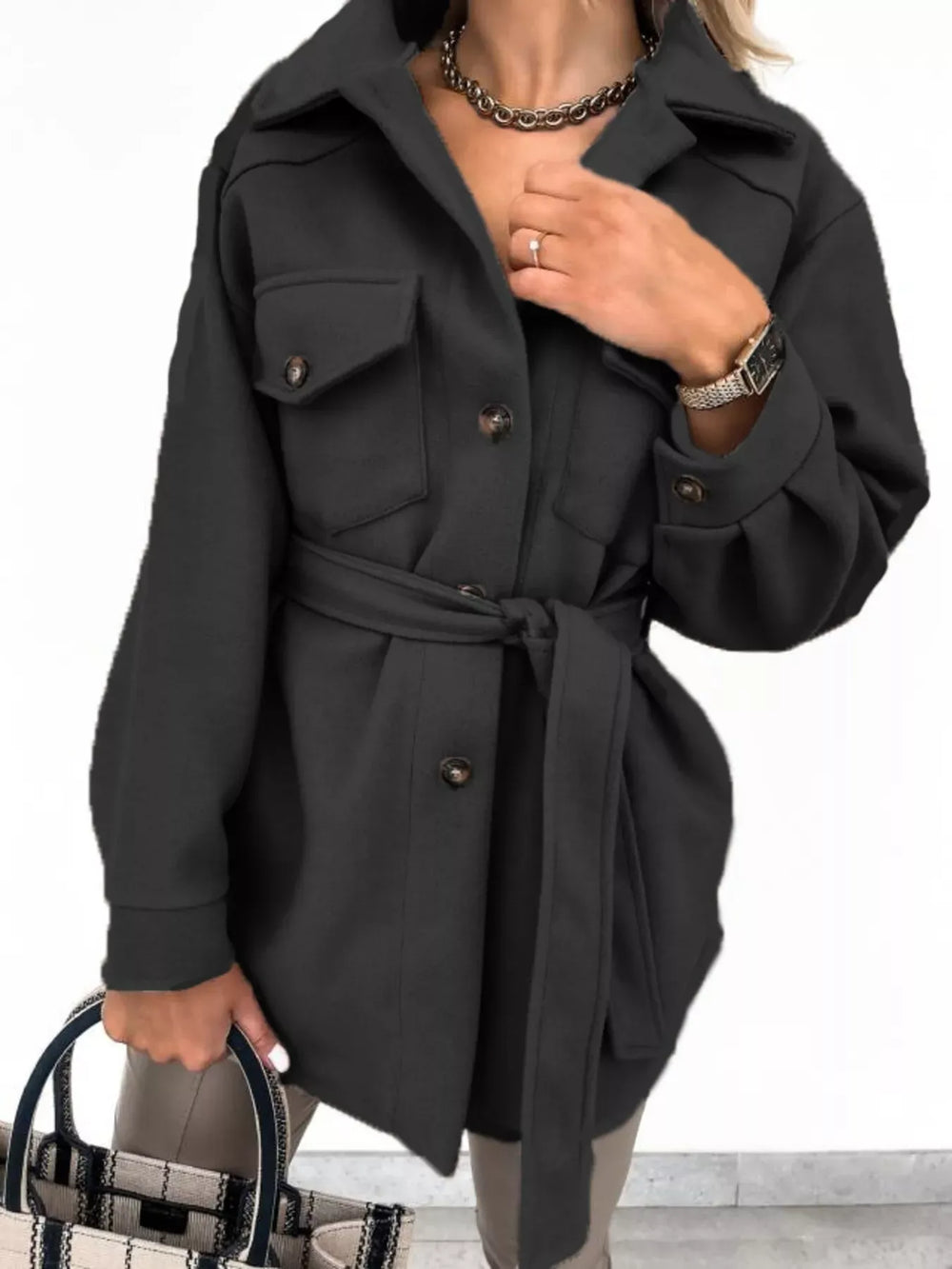 Outerwear Button-Down Tie Waist Coat Button-Down Tie Waist Coat