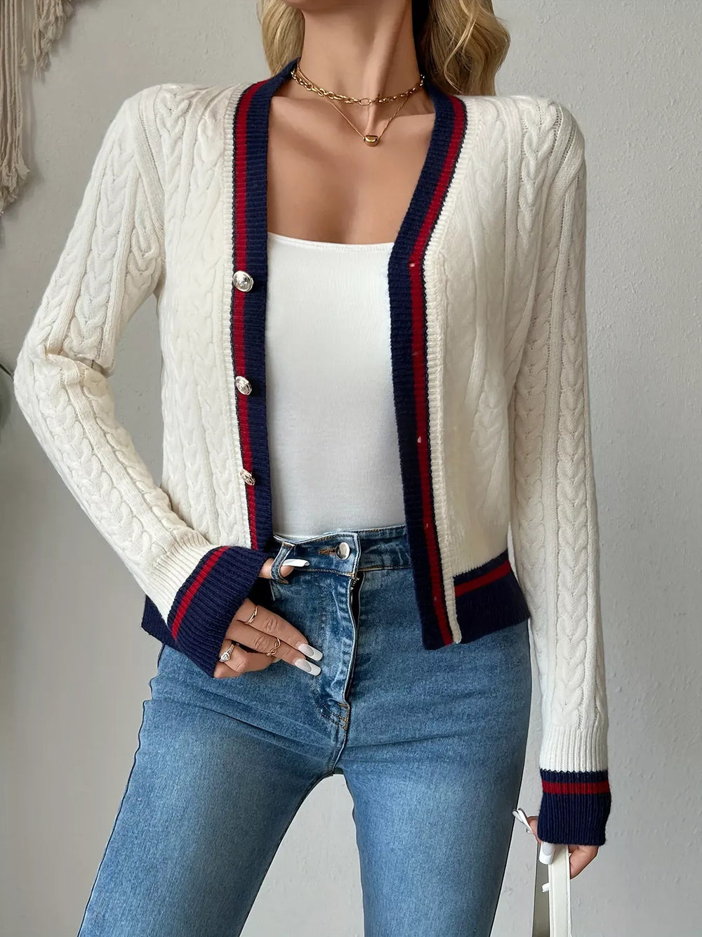 Outerwear Contrast Trim Cable Knit Cardigan Contrast Trim Cable Knit Cardigan