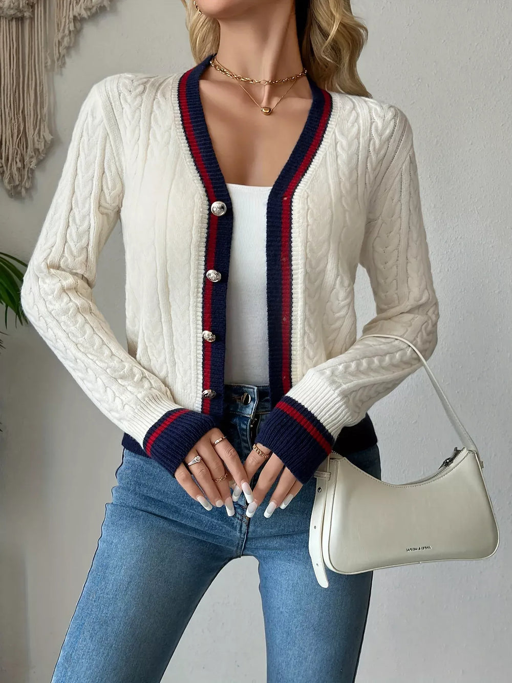 Outerwear Contrast Trim Cable Knit Cardigan Contrast Trim Cable Knit Cardigan