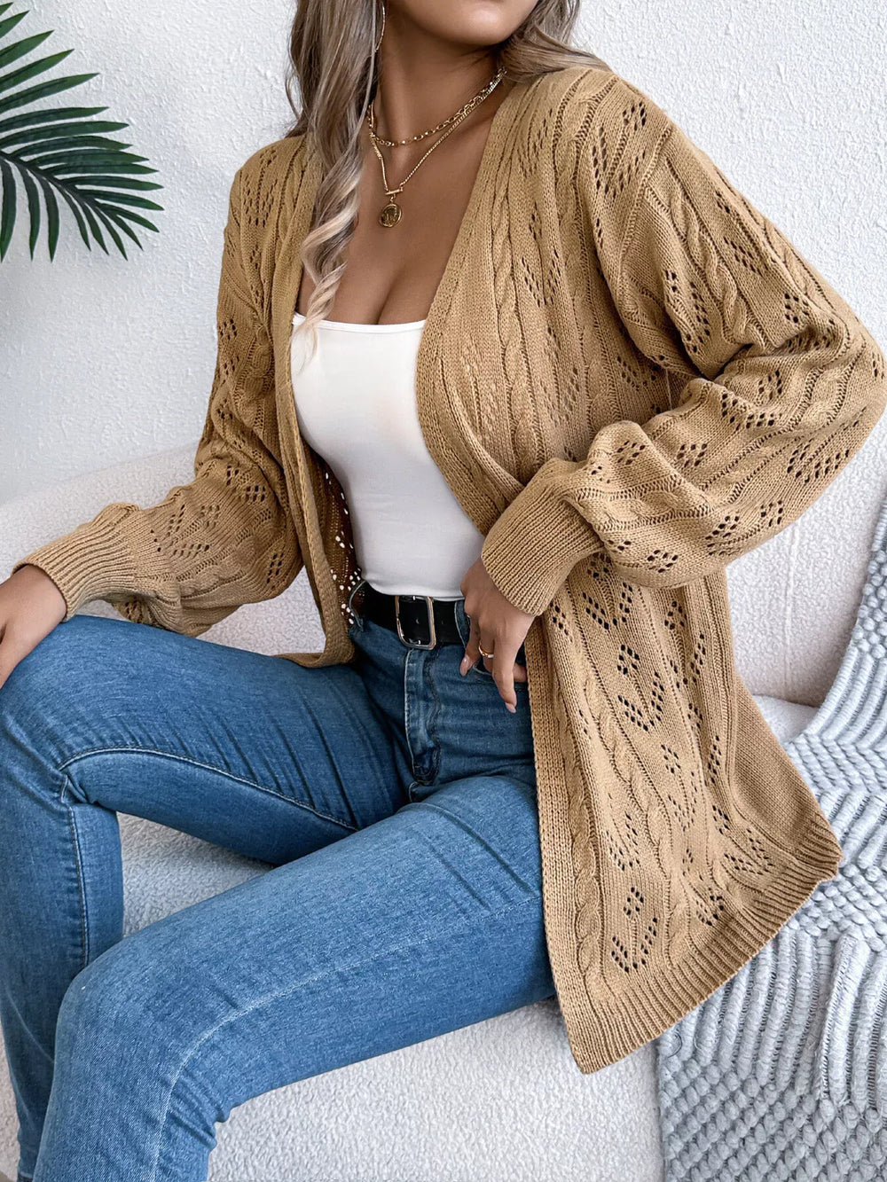 Outerwear Khaki / S Openwork Open Front Long Sleeve Cardigan Openwork Open Front Long Sleeve Cardigan 100100823595293 100100823595293