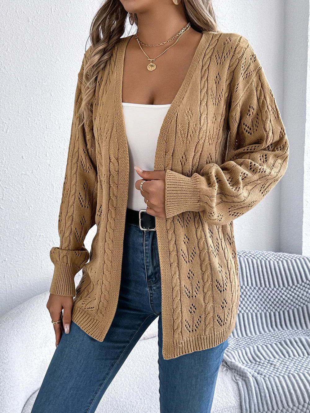 Outerwear Openwork Open Front Long Sleeve Cardigan Openwork Open Front Long Sleeve Cardigan