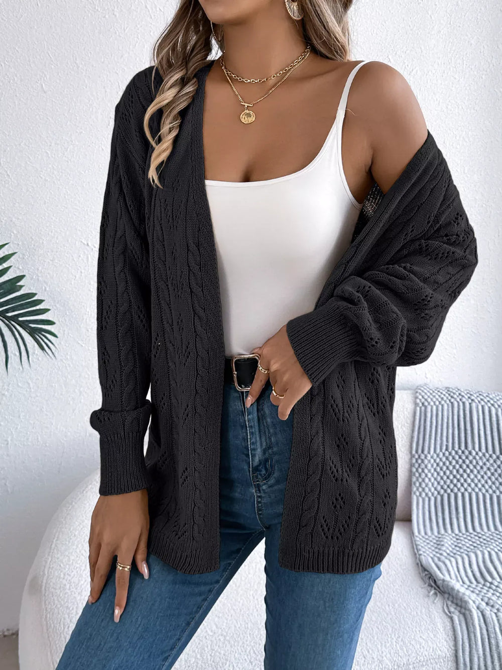 Outerwear Openwork Open Front Long Sleeve Cardigan Openwork Open Front Long Sleeve Cardigan