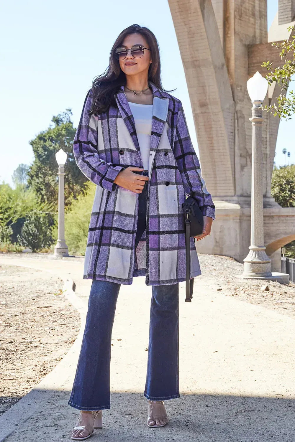 Violet / S Double Take Full Size Plaid Button Up Lapel Collar Coat Double Take Full Size Plaid Button Up Lapel Collar Coat 100100513055927 100100513055927