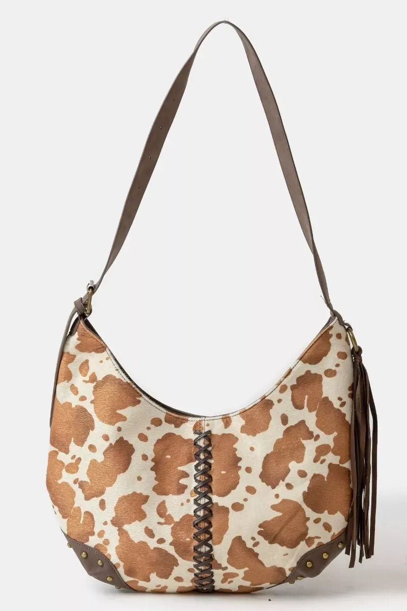 bags BR / one size Fame Cow Print Hobo Shoulder Bag with Studded Details Fame Cow Print Hobo Shoulder Bag with Studded Details 100700118811666 100700118811666