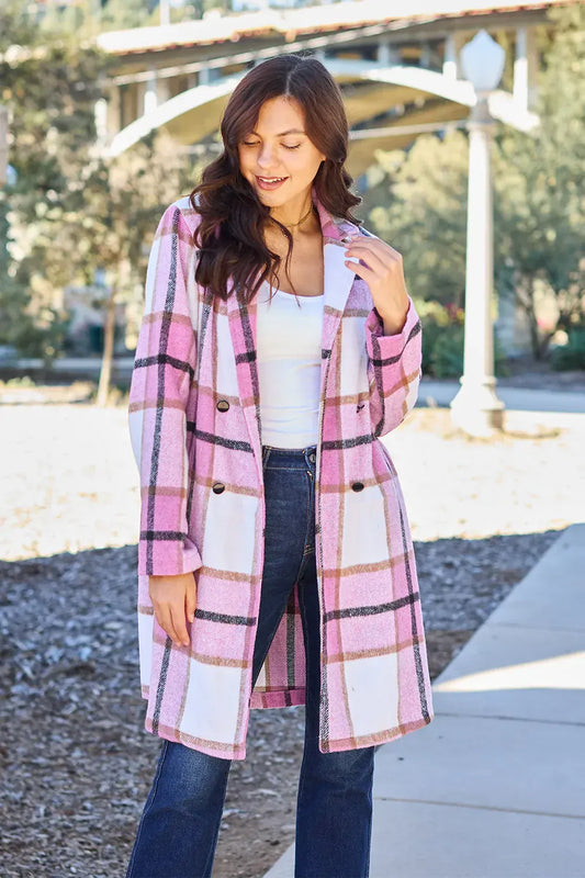 Carnation Pink / S Double Take Full Size Plaid Button Up Lapel Collar Coat Double Take Full Size Plaid Button Up Lapel Collar Coat 100100513054323 100100513054323