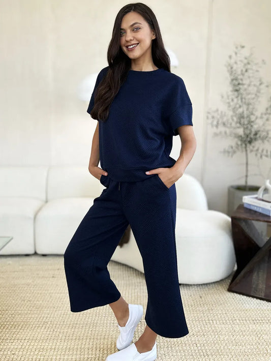Fashion Double Take Full Size Texture Short Sleeve Top and Pants Set Double Take Full Size Texture Short Sleeve Top and Pants Set