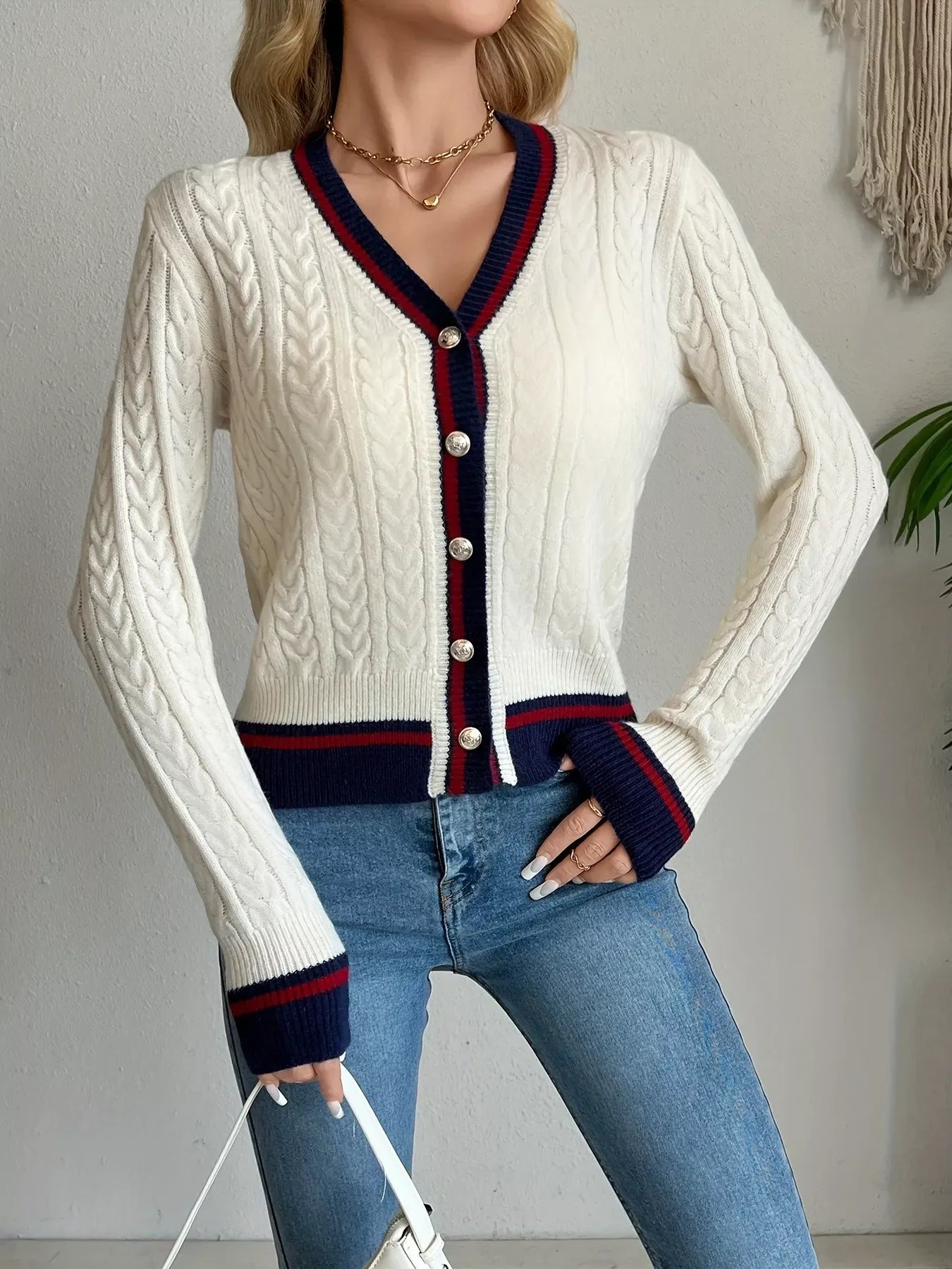 Outerwear Cream / S Contrast Trim Cable Knit Cardigan Contrast Trim Cable Knit Cardigan 100100291705268 100100291705268