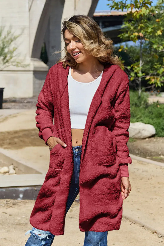 Outerwear Deep Red / S Double Take Full Size Hooded Teddy Bear Jacket with Thumbholes Double Take Full Size Hooded Teddy Bear Jacket with Thumbholes 100100381477028 100100381477028